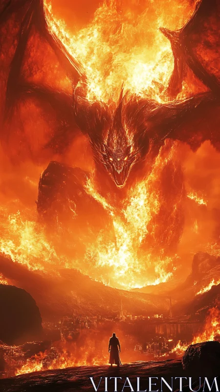 Fire dragon engulfs ruined city before lone figure.