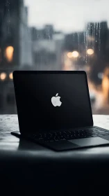 Open laptop on table in front of rainy city window.