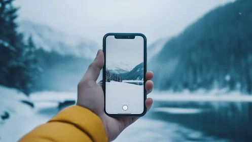 Winter's Frame Captured: Phone Holds Snowy Mountain Lake