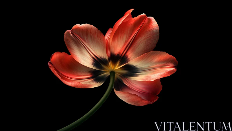Coral Red Tulip Bloom Against Black. Dramatic Lighting.
