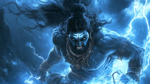 Digital painting of mythic storm warrior in electric blue chiaroscuro.