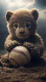 Photorealistic bear cub clutching worn baseball on dirt field