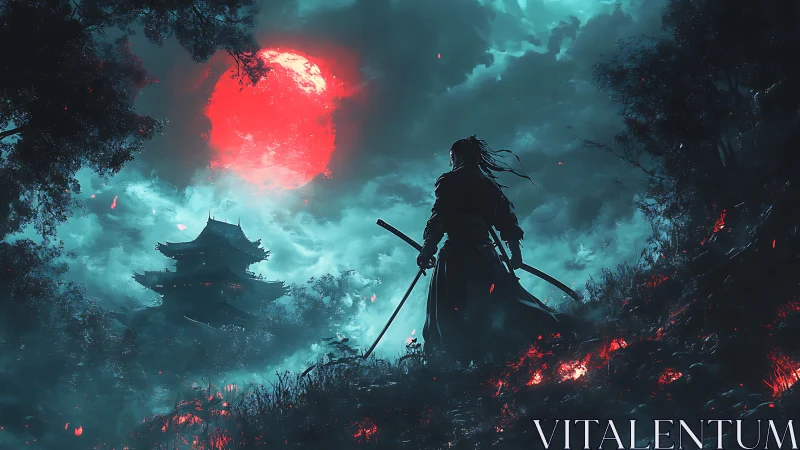 Ronin under bloodred moon guarding the stormlit fortress.