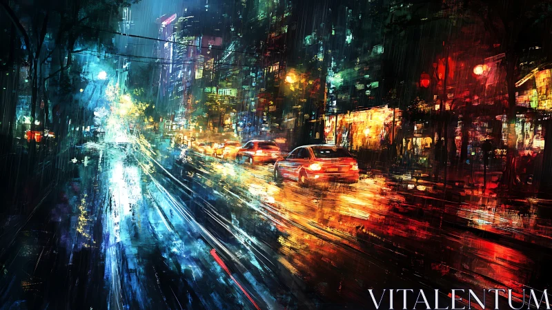 Chromatic vector velocities on rain-laminated urban avenue.