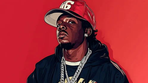 Red-wall swagger portrait of a hip-hop king in gleam mode.