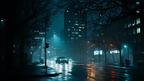 Wet urban street at night with car and distant office towers.