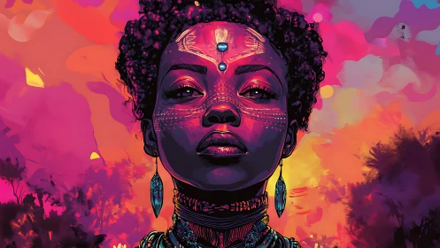 Vibrant digital portrait with neon tribal accents and aura glow.