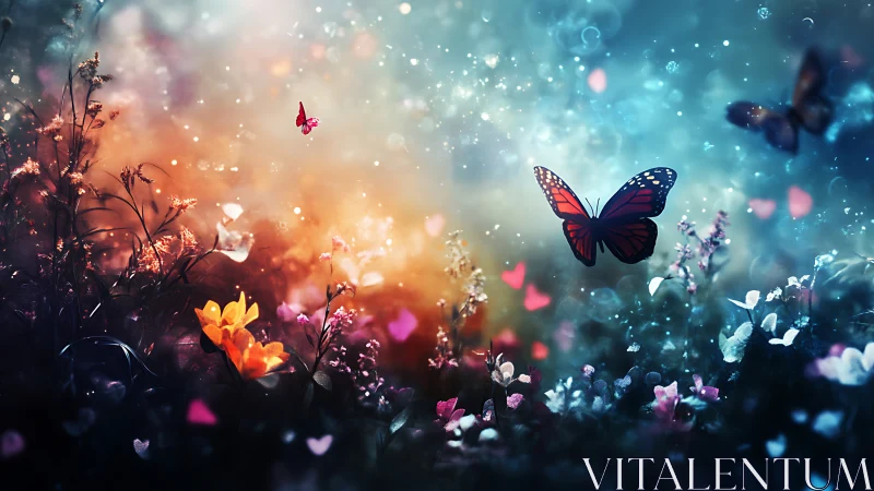 Bioluminescent meadow with monarch butterflies in chromatic dusk