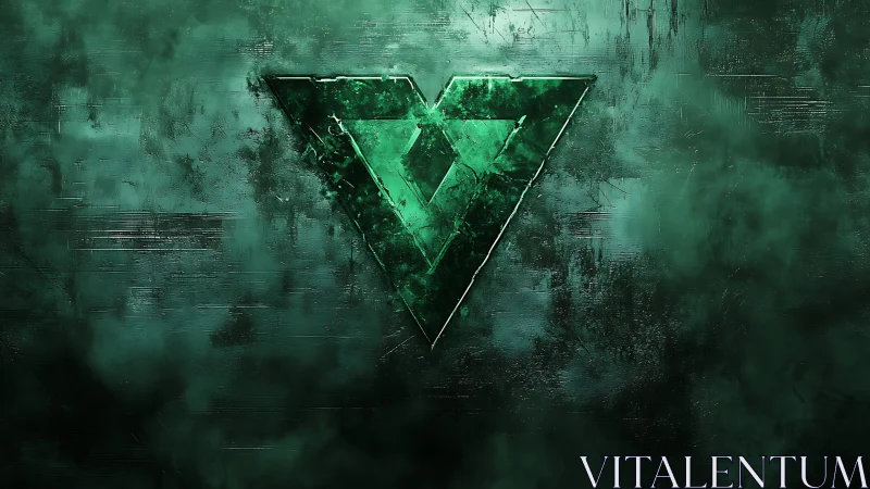 Emerald geometric V emblem on textured dark background.