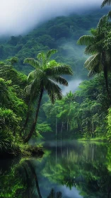 Misty jungle lagoon wrapped in lush, peaceful green calm.