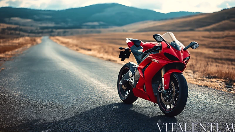 Red sport motorcycle on open country highway at sunset.