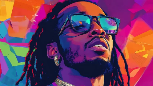 Neon dreamer in prism glasses against electric sunset storm.