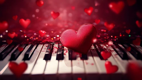 Red fabric heart on piano keys with blurred heart shapes.