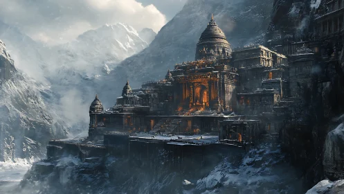 Mountain fortress complex with illuminated central temple façade.