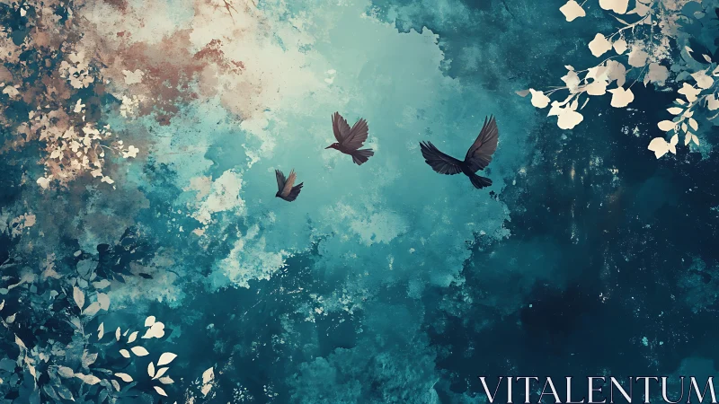 Three silhouetted birds cross a textured blue foliage sky