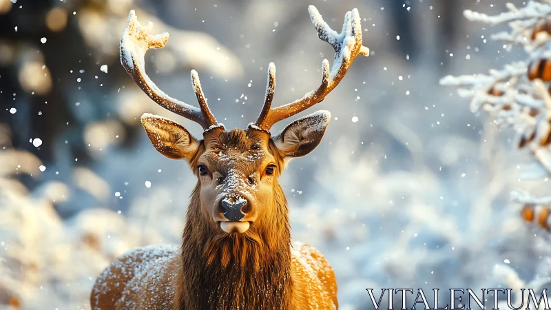 Stag in winter forest with snow-covered antlers in focus.