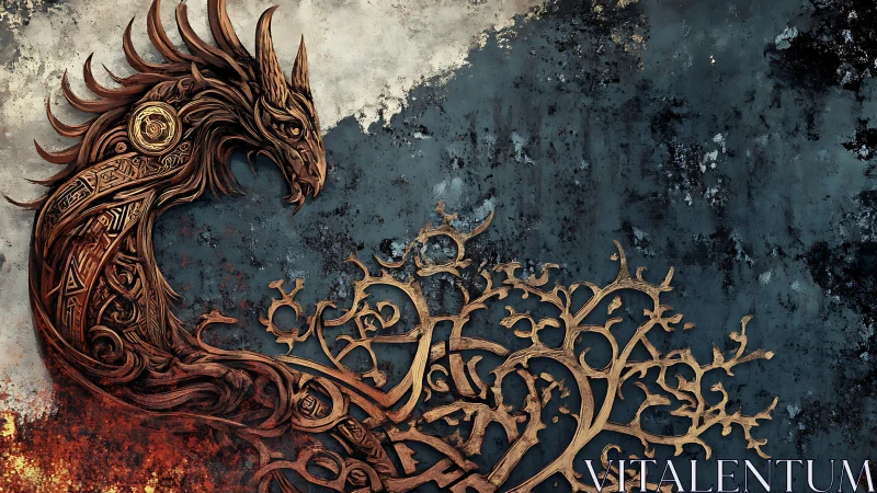 Ornate dragon entwined with branching filigree forms.