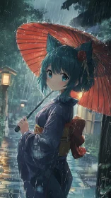 Cat eared girl walks in rain with red umbrella at night