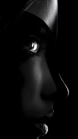 Monochrome side profile of female face in hard contrast light.