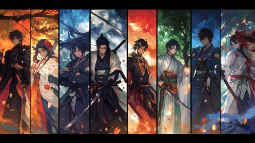 Samurai warriors aligned with seasonal elemental panels.