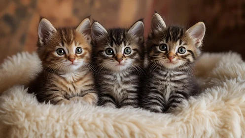 Three Adorable Tabby Kittens Snuggled Together on Soft White Fur.