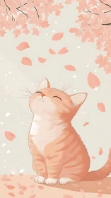 Orange tabby cat looking upward surrounded by falling cherry blossoms
