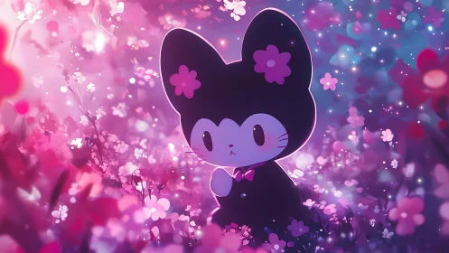 Kawaii black cat character glows in a neon floral bokeh field