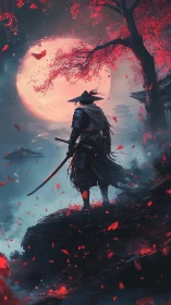 Lone samurai under blood moon amid falling crimson petals.