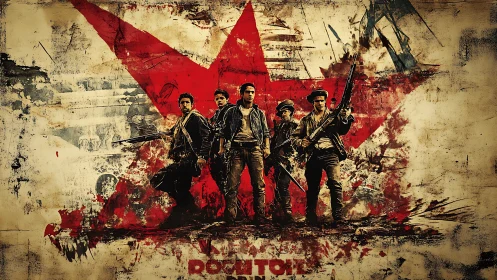 Militia squad stands before distressed red star backdrop.