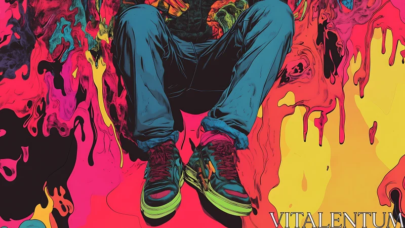 Sneakers float between neon drips while gravity forgets rules