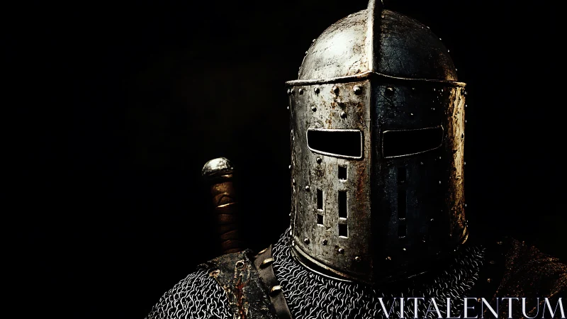 Medieval armored knight faces camera in dark studio setting