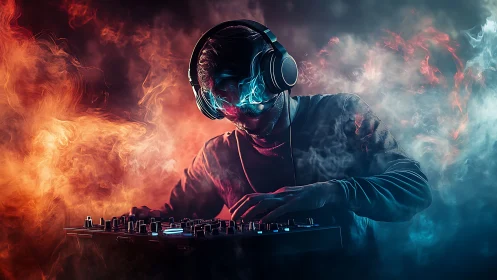 Smoke-born DJ bends neon fire and frost into pulsing sound.