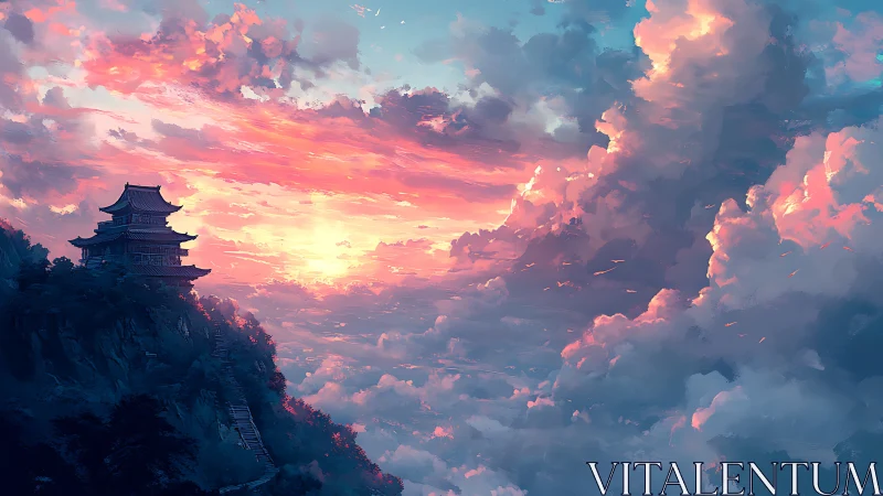 Sunset temple above the clouds in a soft pastel sky.