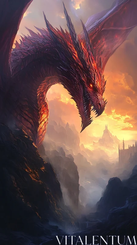 Fiery dragon overlooking misty mountain valley at dusk.