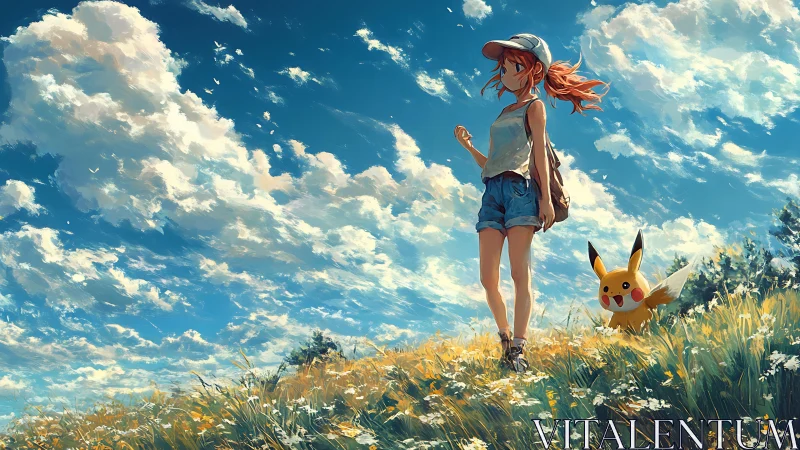 Anime girl and electric creature crossing sunlit summer field.