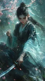 Sword-bearing warrior beneath luminous cherry blossoms.