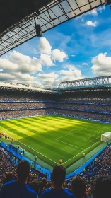 Packed football stadium under bright blue sky on matchday.