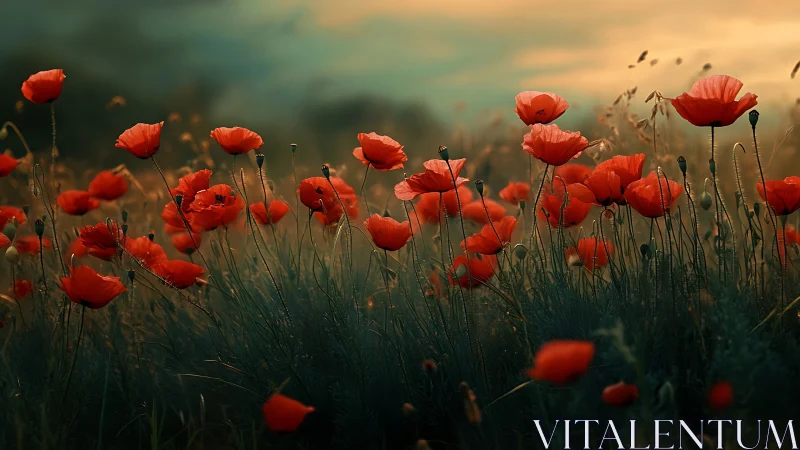 Red poppies in field at golden hour with atmospheric depth.