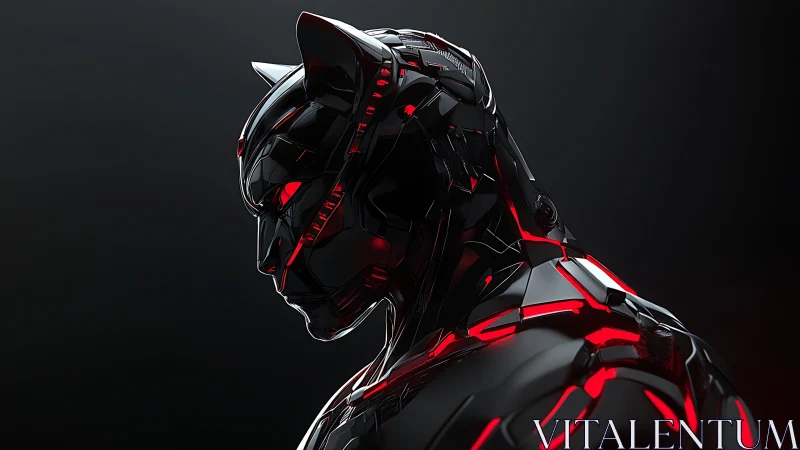 Midnight cybernetic panther warrior in red neon armor.