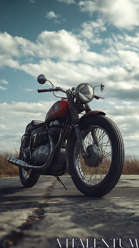 Classic red motorcycle waits on an open country road