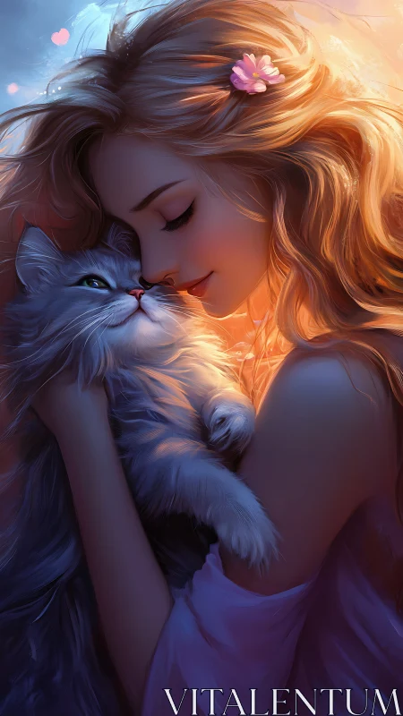 Girl Cherishing Her Fluffy Feline Friend in Golden Sunlight