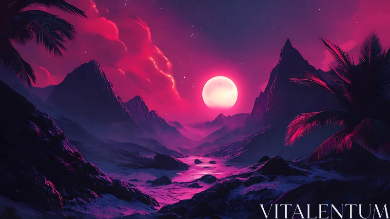 Neon-luminescent alien coastline under synthetic magenta moon.