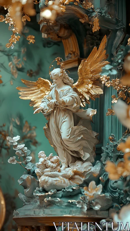 Gilded Baroque angel sculpture with cherubs in teal sanctuary.