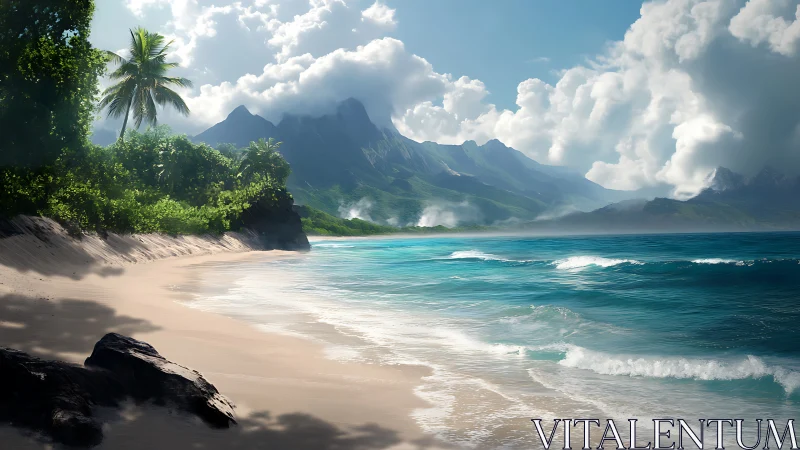 Volcanic Island Beach with Emerald Waters and Tropical Vegetation