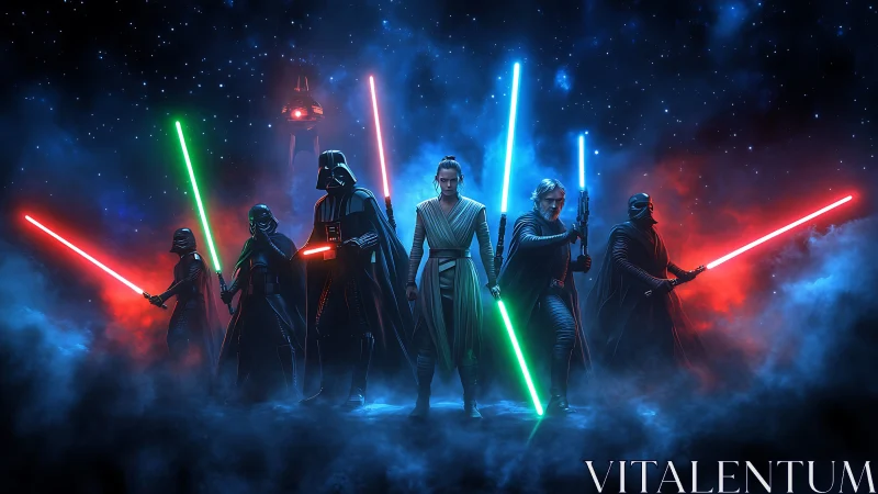 Epic sci‑fi warriors ignite glowing energy blades in starlight.