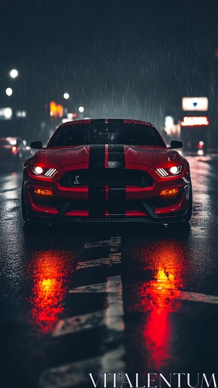 Red sports car cuts wet city street with intense headlamps