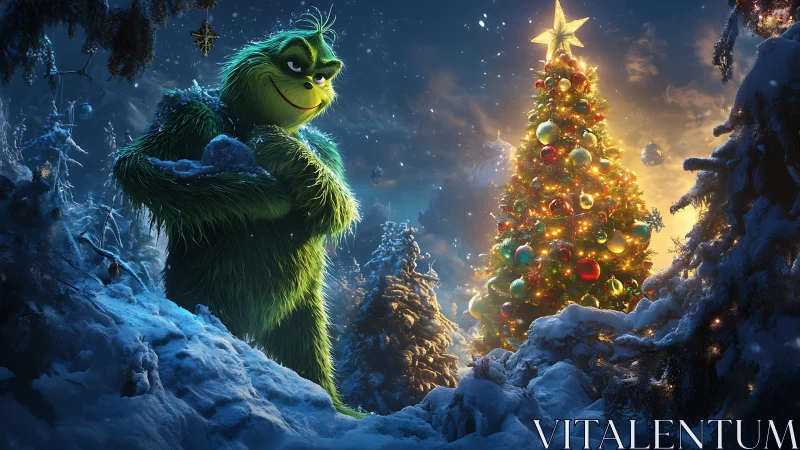 Scheming green trickster eyes a blazing winter Christmas tree.