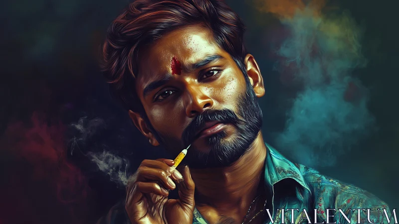 Digital portrait in cinematic chiaroscuro with smoky ambience.