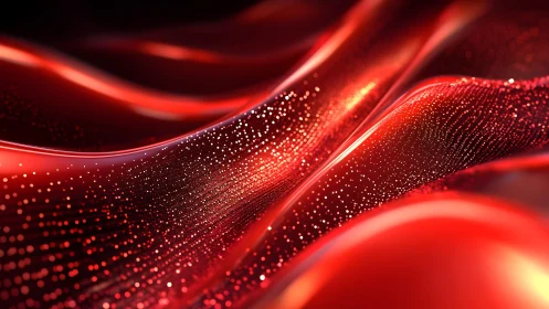 Shimmering Red Waves With Abstract Glowing Particles Digital Art.