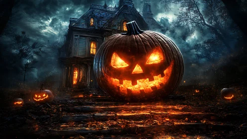 Grinning inferno pumpkin guards a brooding haunted manor.